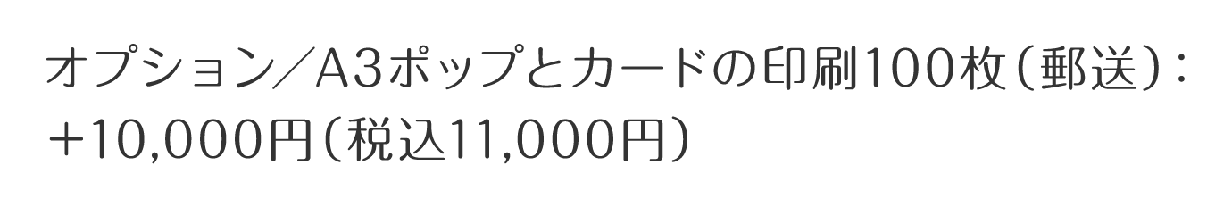 オプション/A3ポップとカードの印刷100枚(郵送):+10,000円(税込11,000円)(プロフィールムービーを注文の方は5,000円(税込5,500円))